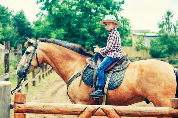 那男孩坐在一匹马上 每天在牧场上散步的孩子 — 图库照片