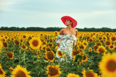 Genç seksi bir kadın elbise ve geniş ekledi şapka ayçiçeği alanına yürüyor. Sağlık akşam kırsal kesimde yürür