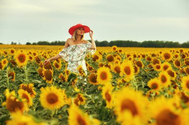 Genç seksi bir kadın elbise ve geniş ekledi şapka ayçiçeği alanına yürüyor. Sağlık akşam kırsal kesimde yürür