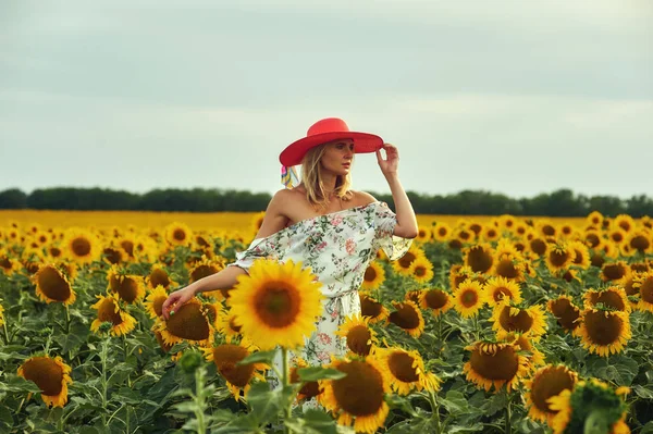 Young Sexy Woman Dress Wide Brimmed Hat Walking Field Sunflowers — Stock Photo, Image