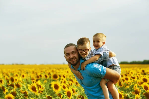 Alegre Padre Con Sus Hijos Vacaciones Campo Con Girasoles Padre — Foto de Stock