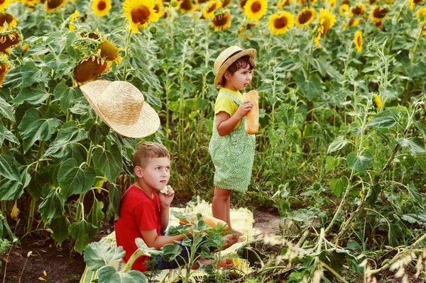 Niños Con Leche Pan Naturaleza — Foto de Stock