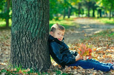 Neşeli çocuk Park sonbaharda bir yolda