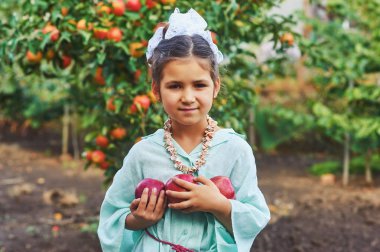 Elma ile bir kız portresi. Taze elma sepeti tutan kız