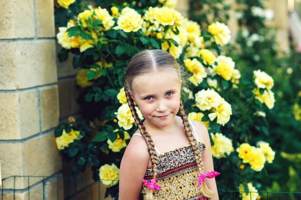 Retrato Uma Menina Com Tranças Fundo Rosas — Fotografia de Stock