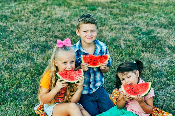 Children with watermelon in nature . Friends on a picnic eating watermelon .