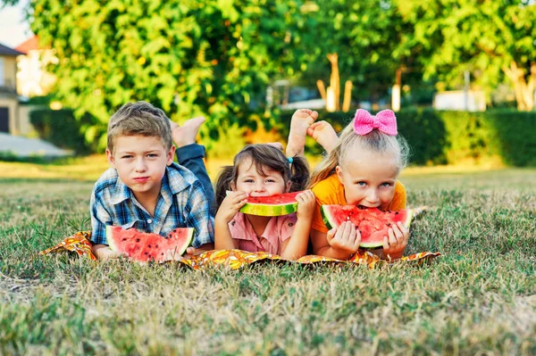 Children with watermelon in nature . Friends on a picnic eating watermelon .