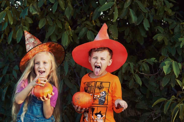 Halloween Legrační Děti Dýně Přírodě — Stock fotografie