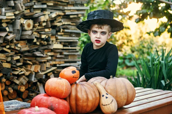 The Holiday Of Halloween! A little boy in an outdoor suit. Baby with pumpkins