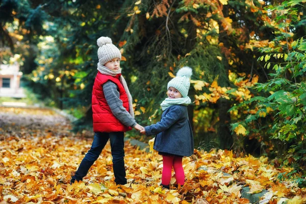 Niños Paseo Otoñal Hermano Hermana Parque Día Otoñal — Foto de Stock