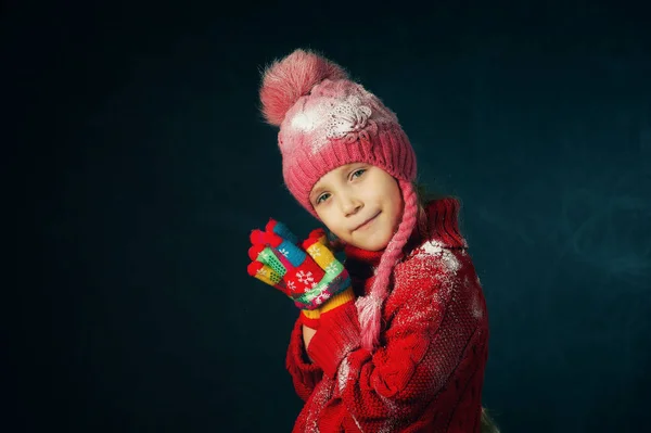 Studio Portrait Little Girl Red Sweater Knitted Hat Dark Background — Stock Photo, Image