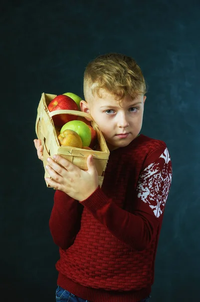 Boy holding apples on dark background . The child is dressed in a warm sweater, holding a fruit basket