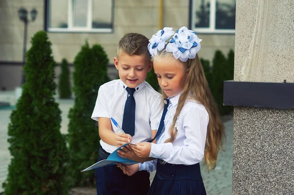 Általános Iskolai Tanulók Iskola Közelében Gyerekek Meg Házi Feladatot Utcán — Stock Fotó
