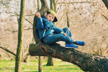 Çocuk bir bahar yürüyüş sırasında bir ağaçta oturuyor. Çocuk oyuncağı