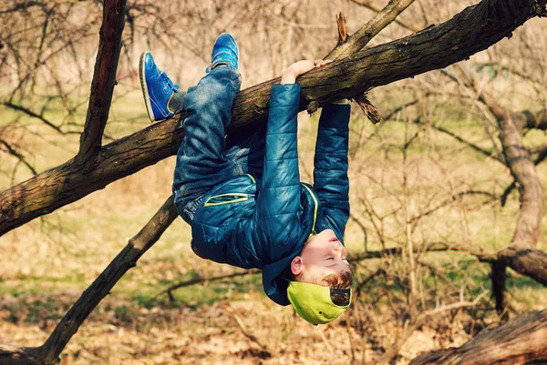 Хлопчик Сидить Дереві Під Час Прогулянки Весни Дитяча Гра — стокове фото