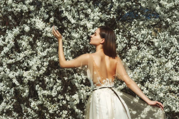 Bir gece elbiseli Genç güzel moda kadın portresi. Kız bir çiçeklenme bahçede poz