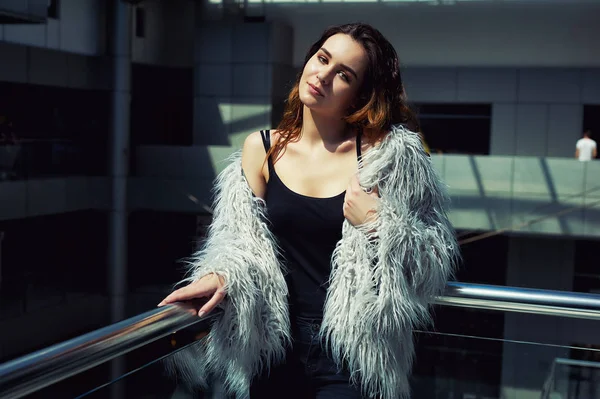 Portrait Young Fashionable Woman City Girl Wears Dark Shirt Fur — Stock Photo, Image