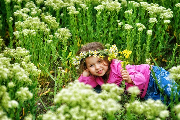 Ritratto Una Bella Bambina Una Ghirlanda Fiori Selvatici Bambini Passeggiata — Foto Stock