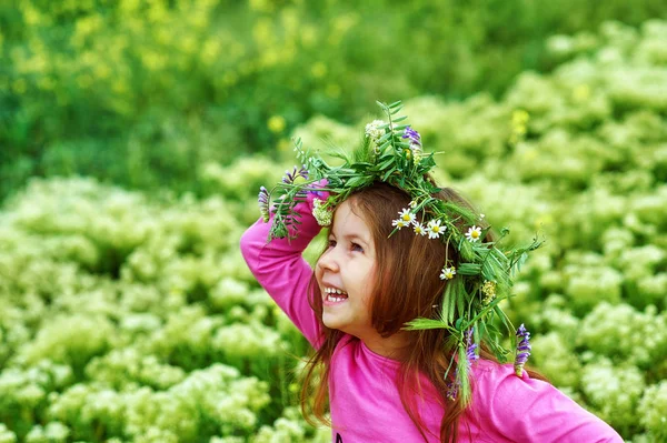 Retrato Uma Menina Bonita Uma Grinalda Flores Selvagens — Fotografia de Stock