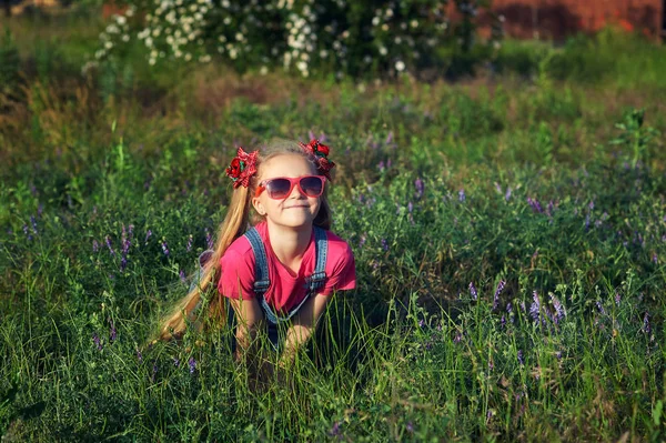 자연에서 선글라스에 소녀의 초상화 야생화밭에 — 스톡 사진