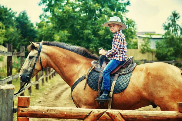 一个骑着马的小男孩 儿童骑马课程和散步 — 图库照片
