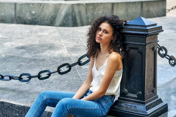 Portrait Young Girl City Slim Model Jeans Light Blouse — Stock Photo, Image