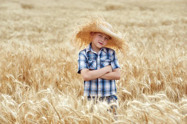 Retrato Niño Campo Trigo Chico Lleva Sombrero Paja —  Fotos de Stock