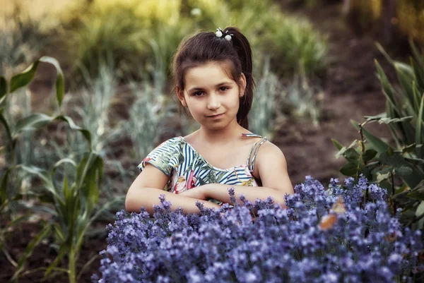 라벤더와 아름다운 소녀의 초상화 — 스톡 사진