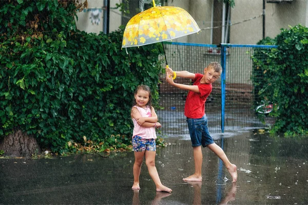 Cheerful Boy Girl Umbrella Summer Rain Children Enjoy Warm Rain — стоковое фото