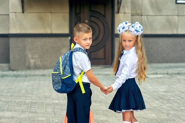 Grundskole Studenter Pojke Och Flicka Skoluniform Till Lektionen Begreppet Utbildning — Stockfoto