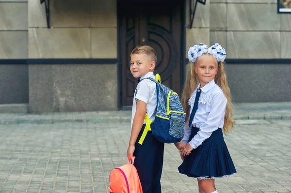 Grundskole Studenter Pojke Och Flicka Skoluniform Till Lektionen Begreppet Utbildning — Stockfoto