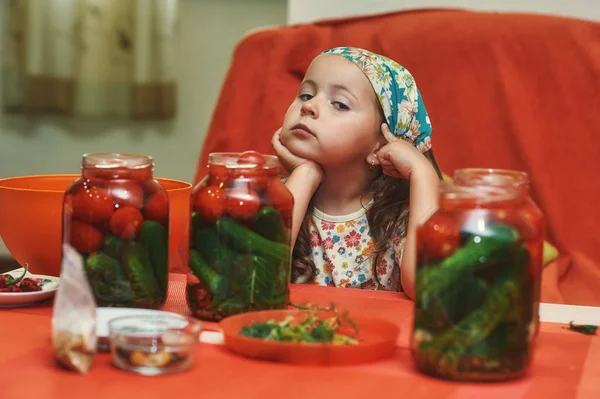 Children Cook Vegetables Winter Home Canning Help Parents Kitchen — Stock Photo, Image