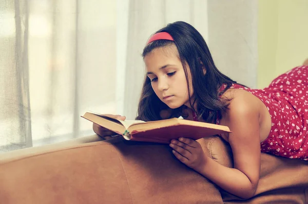 Meisje Het Lezen Van Een Boek Thuis Aanvullend Onderwijs Passie — Stockfoto