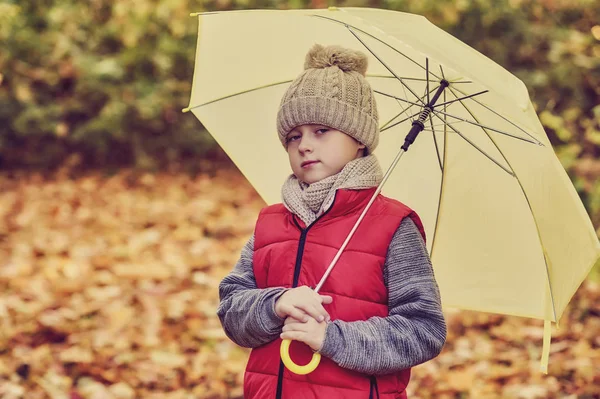 Boy with an umbrella in the autumn forest . Walks in the fresh air