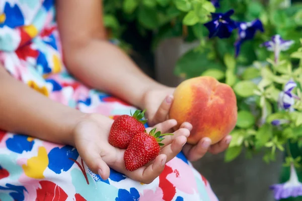 Mani Della Ragazza Con Frutta Bacche Primo Piano — Foto Stock