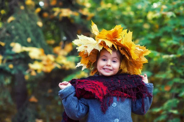 Ritratto Bambina Ghirlanda Foglie Autunnali Bambini Passeggiata Nel Parco Autunnale — Foto Stock