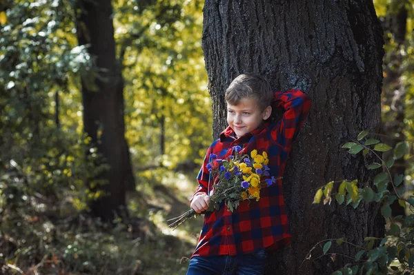 Ritratto Ragazzo Con Dei Fiori Nel Parco Ragazzo Camicia Passeggio — Foto Stock