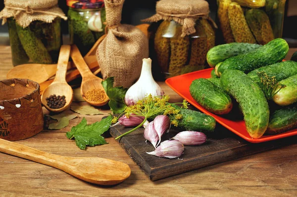 Home canning, cucumbers and spices on the table for canning