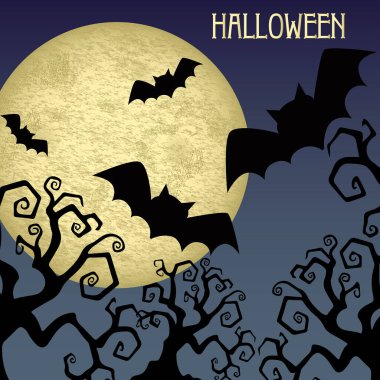 Cadılar Bayramı geçmişi ay ve yarasalarla dolu. Cadılar Bayramı arka planı. Ağaç ve yarasa.