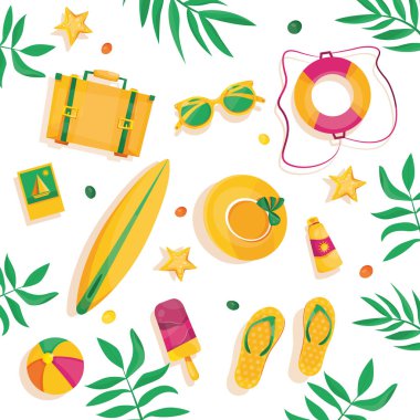 Merhaba yaz Modern vektör illüstrasyon. Tropikal bitkiler ile