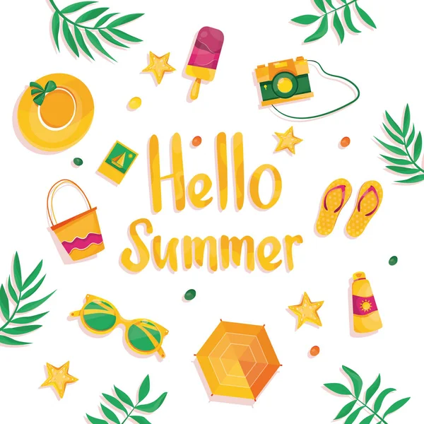 Ilustración vectorial moderna de Hello summer con letras. Tropi. — Archivo Imágenes Vectoriales