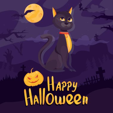 Modern vektör illüstrasyon. Yarasalar ve mezarlar ile gizemli arka plan üzerinde Mutlu Halloween vektör afiş. Parti posterleri, tebrik kartları için.