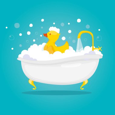 Banyo ve spa sabun köpüklü ve sarı ördekli modern vektör çizimi.