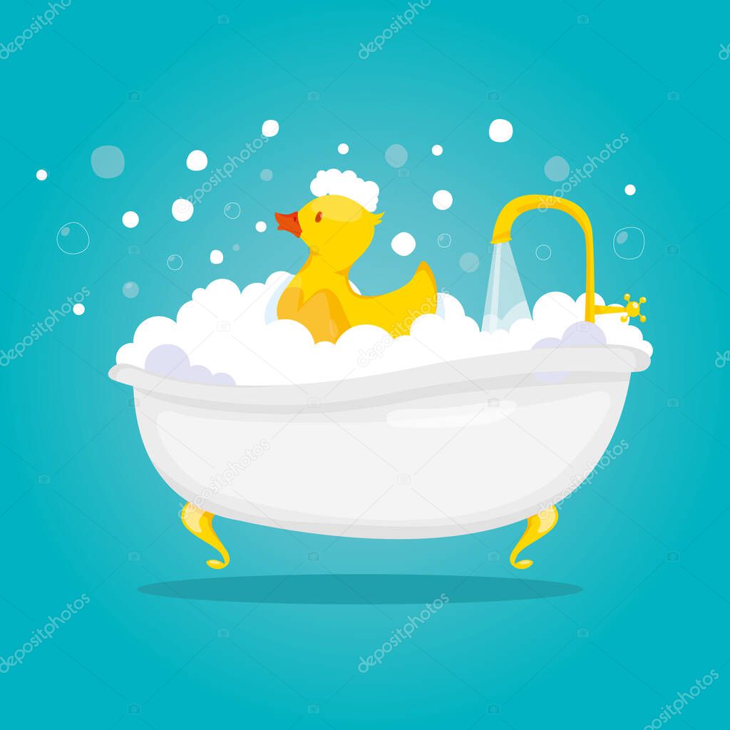 Modern vector illustration of bathtime and spa with soap foam bubbles and yellow duck.