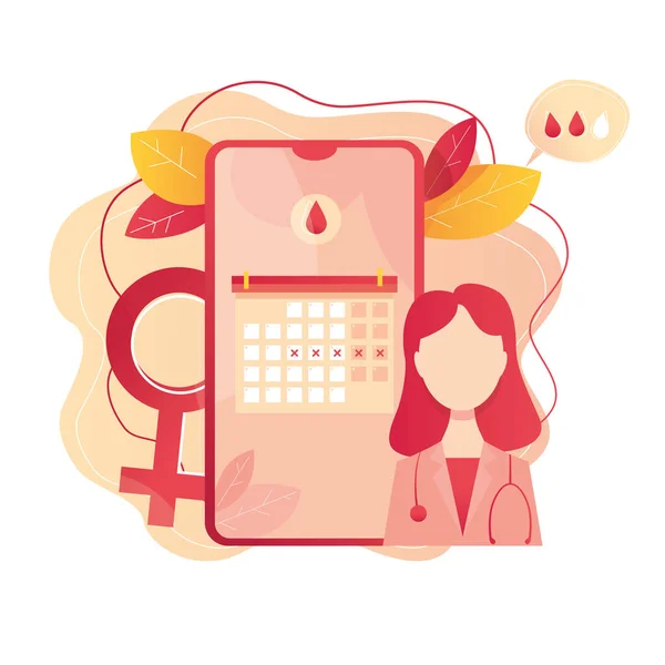 Ilustración vectorial moderna del teléfono inteligente con calendario de ciclo de menstruación . — Vector de stock
