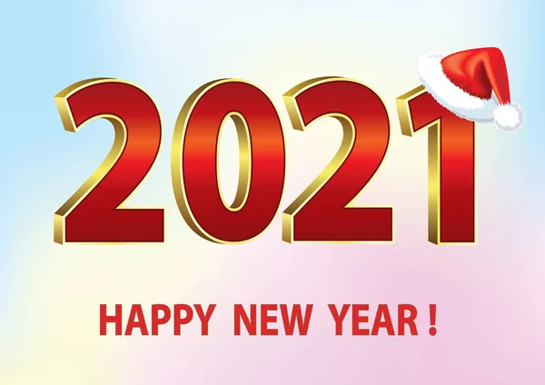 Happy New Year 2021. Holiday banner, colorful Christmas card, holiday wishes. Numbers 2021 with santa cap in 3d vector illustration