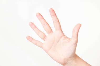 El closeup görünümü. Palm açın, jest durdurmak kadın 5 parmak gösterir. Yatay renkli fotoğraf.