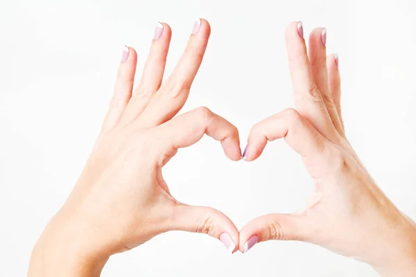 Woman Forming Heart Sign Her Fingers Hands Isolated White Background — Stock Photo, Image