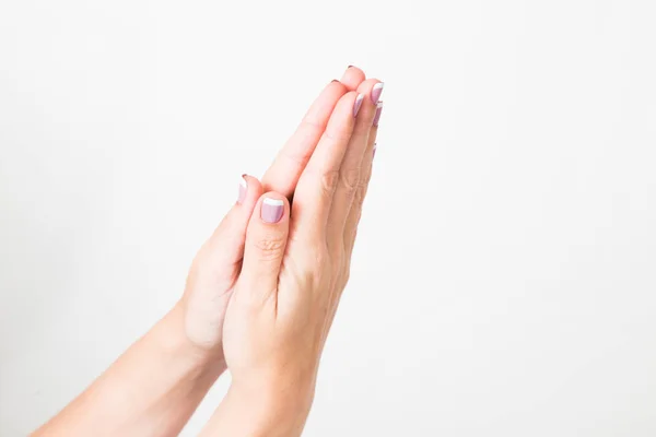 Woman Holding Two Hands Together Gesture Praying Asking Begging Arms — Stock Photo, Image