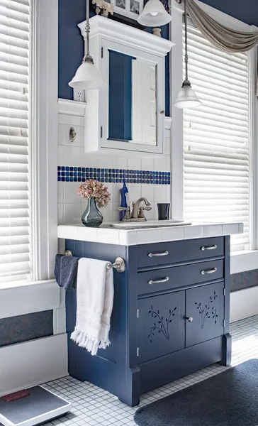 Mavi ve beyaz banyo Vanity alan